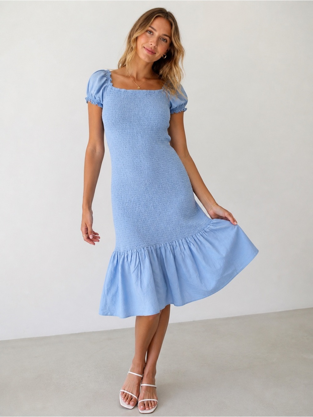 Sky Blue Smocked Puff-Sleeve Midi Dress